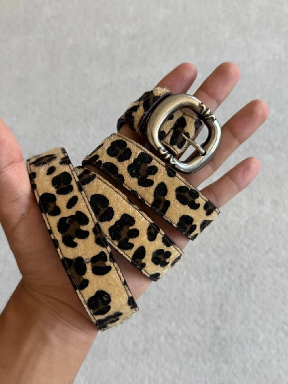 Tan Leopard Oval Silver Buckle Belt